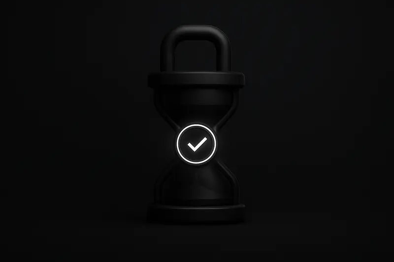 A black-background hourglass wrapped in a metallic padlock, with a glowing coin-like token casting sharp neon reflections.