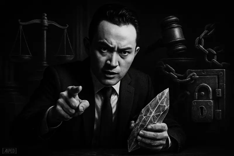 Justin Sun in a tense grayscale caricature scene, confronting legal and DeFi symbols amid frozen blockchain shards and a dark data-grid backdrop.