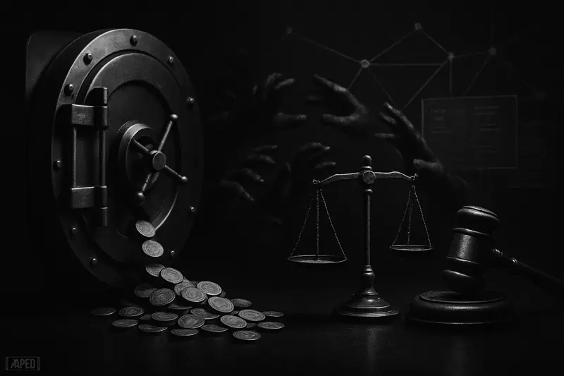 A partially opened vault slowly releases tokens as scales, a gavel, and wary hands evoke a cautious DeFi governance vote.