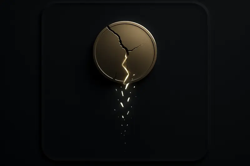 A cracked, gold-toned coin on a black background, shedding glowing fragments above a faint descending chart line.