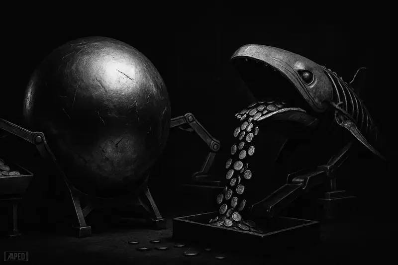 A giant reflective orb and skeletal mechanical whale dominate a dark factory, dumping metallic tokens into a pit in bleak monochrome.