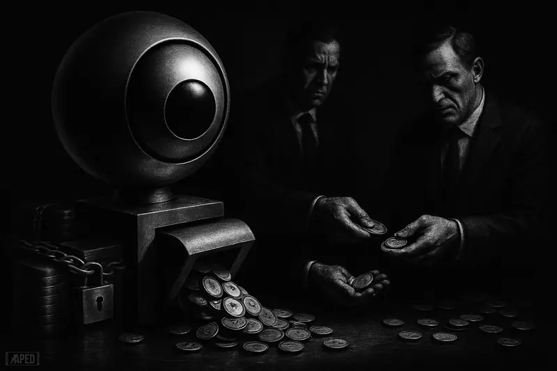A giant eye-like orb device looms over secretive traders handling spilled tokens, with locked reserves behind them in a dark grayscale scene.