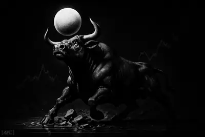 A tense grayscale bull stares up at a hovering orb above its horns, poised to challenge resistance in a dark data-grid setting.