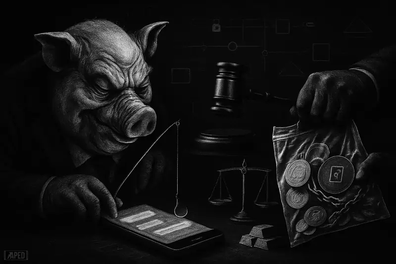A suited pig lures a smartphone while gloved authorities seize crypto tokens beside a gavel and scales in a dark data-grid scene.