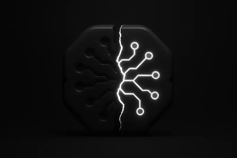 A luminous circuit-brain orb cracked by a dark fissure, with red satellite arcs and scattered digital fragments on black.