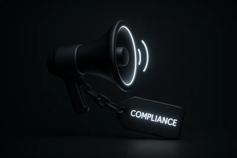 On a black background, a glowing neon megaphone is tethered by chains to a bright, rectangular tag with warning icons.