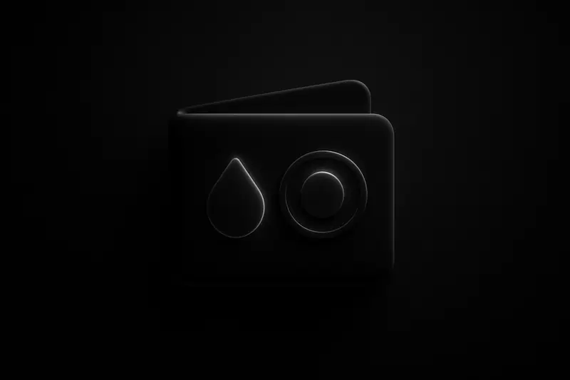 Dark smartphone-like wallet panel with neon UI lines, a hovering coin and a liquid droplet icon on black background.