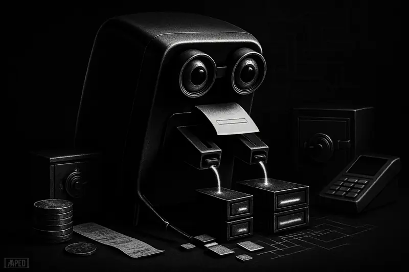A futuristic metering machine dispenses measured compute into servers amid dark payment circuitry and secure finance hardware in monochrome grayscale.