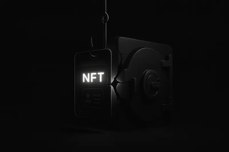 Neon pass-shaped token hovering over a dark digital vault, with thin hooks and leaking blue light on black.