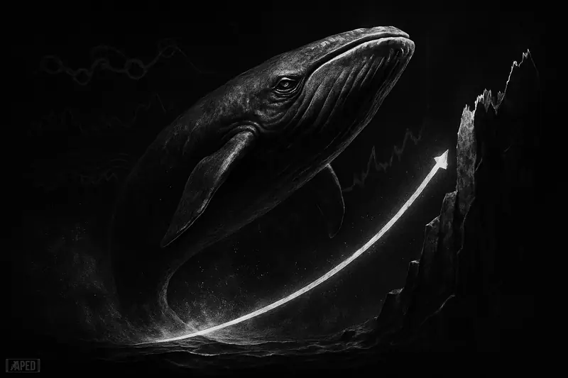 A giant grayscale whale rises from darkness toward a sharp barrier, above a glowing support line in a moody market-themed scene.