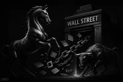 A metallic celestial horse charges toward a giant financial machine as a circuit-built bull surges through a dark grayscale market scene.