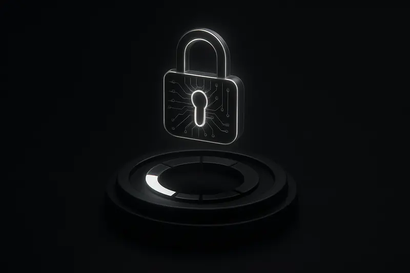 A dark hexagonal grid with glowing teal lending pools, a suspended circuit-like padlock, and an 80% ring gauge illuminating in neon.