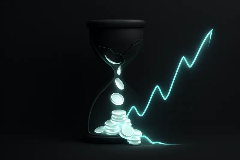 Cracked dark hourglass pours glowing coins onto a jagged neon price line, scattered sparks and deep black background.