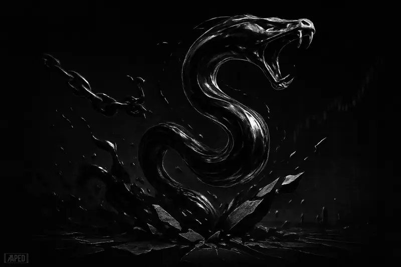 A metallic plasma serpent erupts upward through a shattered barrier in a dark trading-floor scene, with broken chains and volume-like shards behind it.