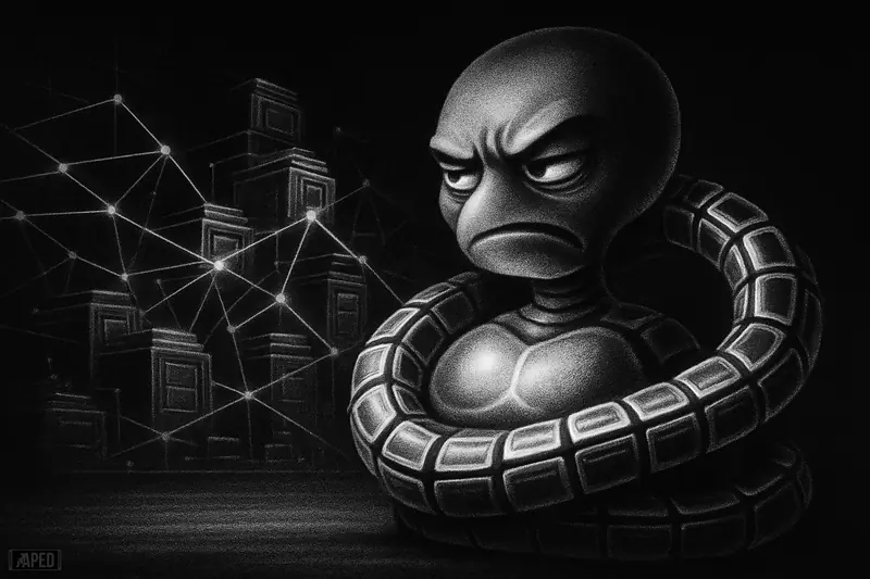A metallic ripple-like creature looms over glowing ledger pathways and wallet nodes on a dark grid, radiating activity while standing over a flat, lifeless floor.