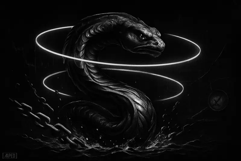 A monochrome ripple-shaped sea creature strains against tightening rings amid broken chains and market textures on a dark grid background.