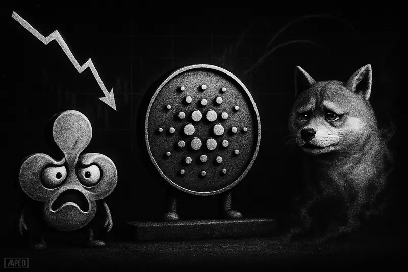 A broken trendline over a falling ripple emblem, a sturdy node disk holding a support ledge, and a tired Shiba fading into smoke.