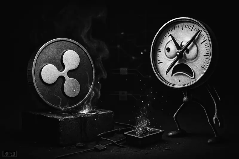 A metallic crypto symbol on a scorched pedestal beside a spiking gauge, with smoke, ash, and a dim blockchain grid in grayscale.