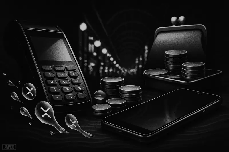 A dramatic grayscale payment scene with a phone, terminal, XRP-like droplets, loyalty tokens, and a shadowy Japanese shopping arcade backdrop.