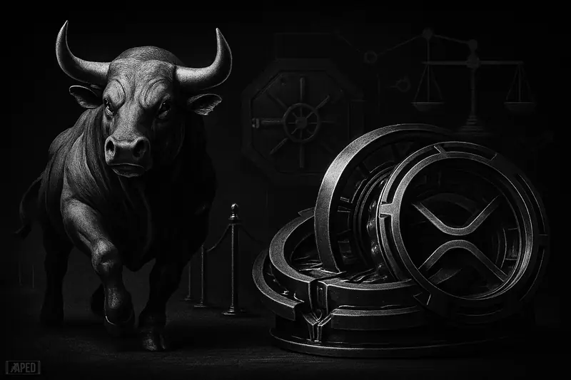 A grayscale bull strides through a dark futuristic trading hall with mechanical liquidity rings, compliance gates, and a faint data-grid backdrop.