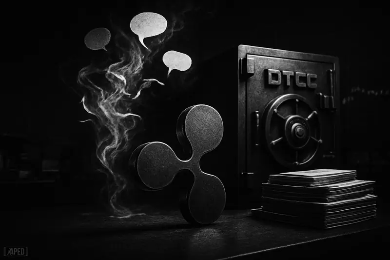 A grayscale XRP-themed metallic emblem stands firm before institutional vault imagery as rumor-like paper swirls dissolve in a dark data-grid setting.