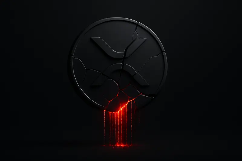 A dark coin-like disc with fractured surface, leaking red glowing data streams into a black, chart-like grid background.