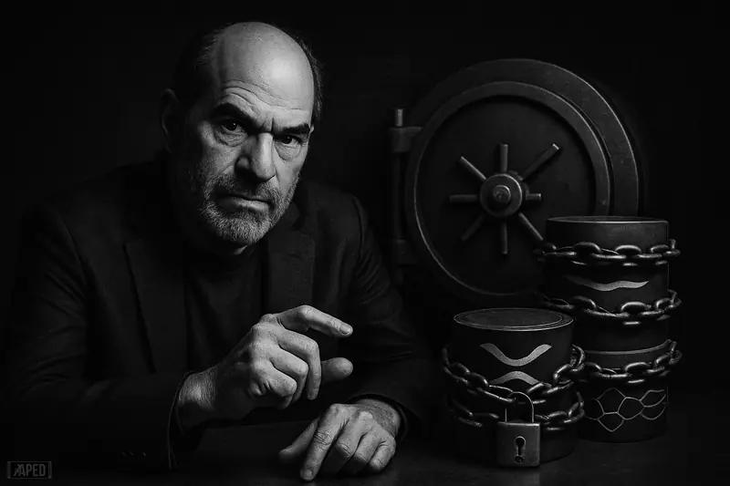 David Schwartz in a moody grayscale editorial scene, leaning over a desk beside vault-like escrow containers and faint blockchain patterns.