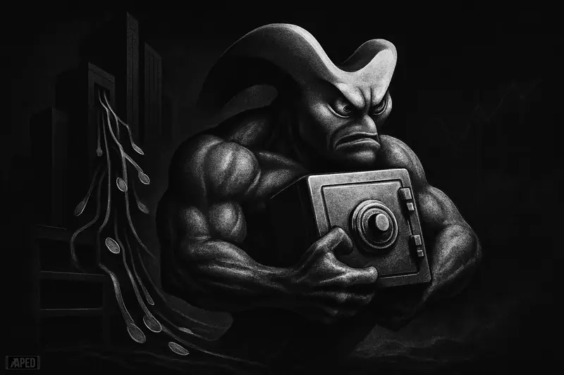 A grayscale ripple-shaped sea creature clutches a vault while assets drain from exchange towers in a dark, data-grid trading scene.