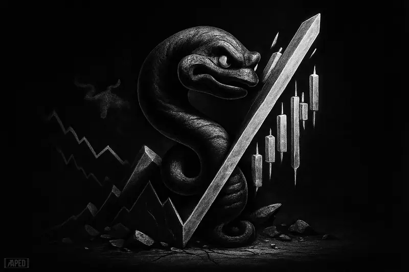 A monochrome ripple-shaped sea creature strains inside a narrowing wedge, ready to break upward through a dark chart-like financial scene.