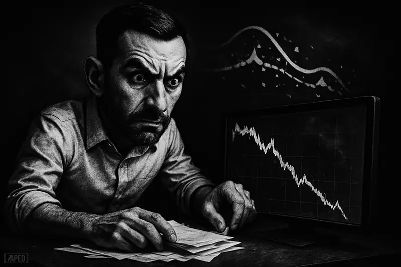 Ali Martinez caricature studies a broken market chart as fractured wave patterns and a collapsing triangle signal a bearish crypto breakdown.