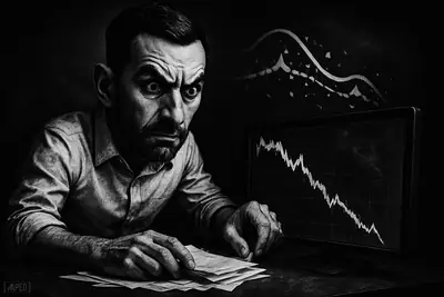 Ali Martinez caricature studies a broken market chart as fractured wave patterns and a collapsing triangle signal a bearish crypto breakdown.