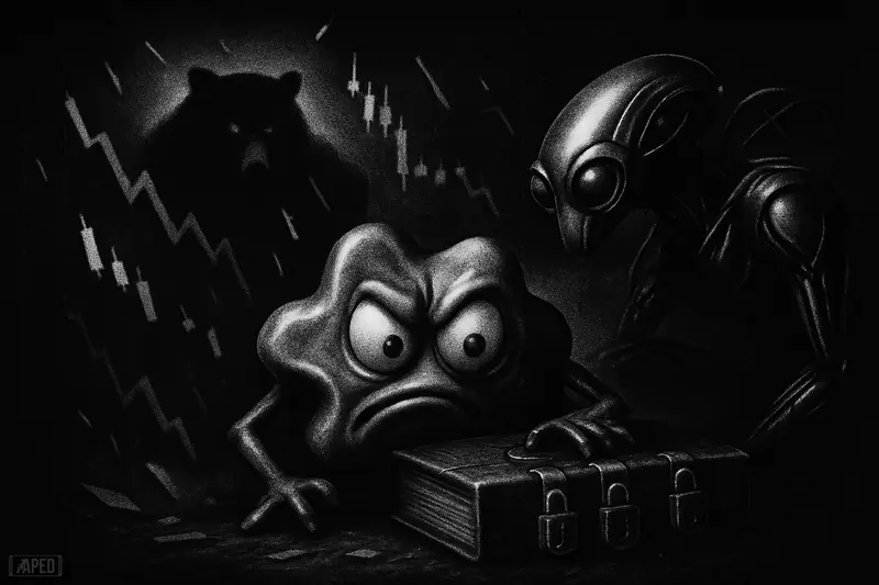 A metallic ripple creature guards a locked ledger beside an AI sentinel as a shadowy bear and collapsing market shapes close in.