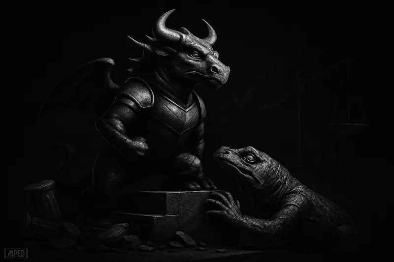 A victorious dragon-like beast stands above a slipping reptilian rival on a dark podium, symbolizing a crypto ranking reversal in grayscale.