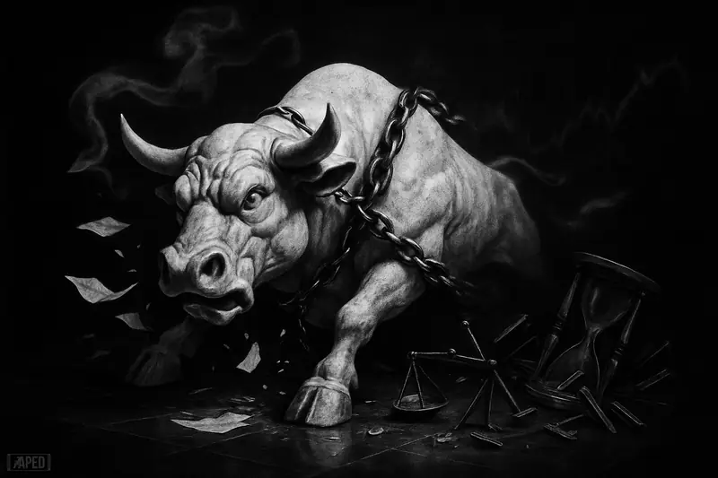 A monochrome bull collapses amid snapping chains, broken trading symbols, and swirling debris on a dark grid background.