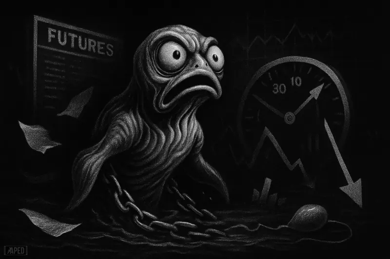 A ripple-like sea creature lunges upward as chains fall away, surrounded by dark trading machinery and signs of fading market conviction.