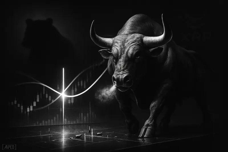 A grayscale charging bull on a trading desk as two glowing moving-average lines cross, with a faint bear and data grid behind.