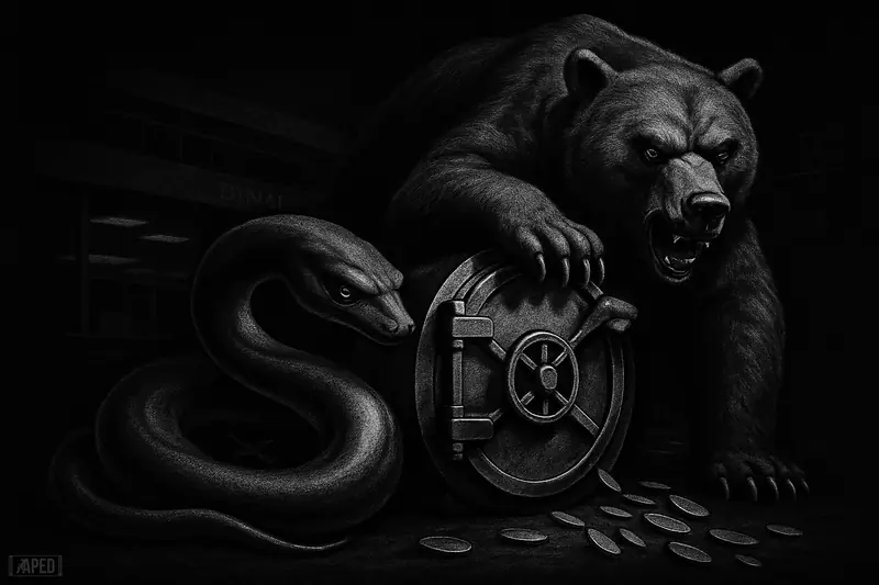 A tense grayscale scene shows a coiled ripple-like creature guarding a nearly empty vault while a bear presses down above in dark market gloom.
