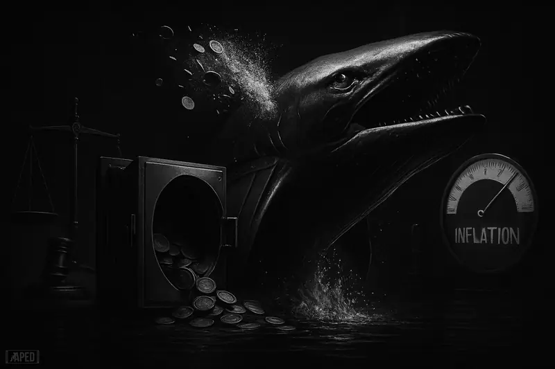 A giant whale erupts from dark water near an exchange vault as coins spray outward under grim macro warning symbols.