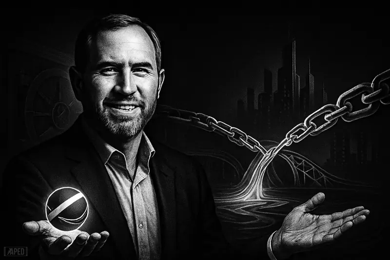 Brad Garlinghouse stands confidently before a dark blockchain bridge scene, presenting a wrapped digital asset amid vault and network imagery.