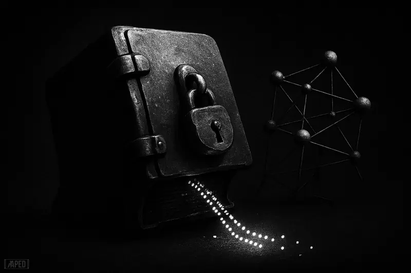 A grim, book-like vault machine slumps as transaction lights thin and fall, while a tilted node network wobbles in darkness.