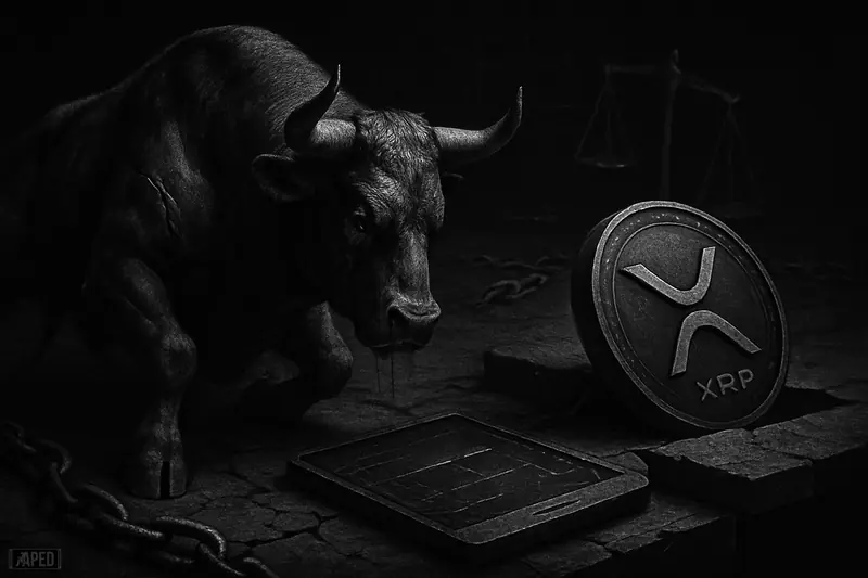 An exhausted bull slumps beside a sinking XRP-like token and dying ledger circuits in a dark grayscale financial scene.