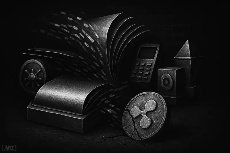 A booming metallic ledger machine surges with asset flows while a cracked coin slips downward in a dark grayscale financial scene.