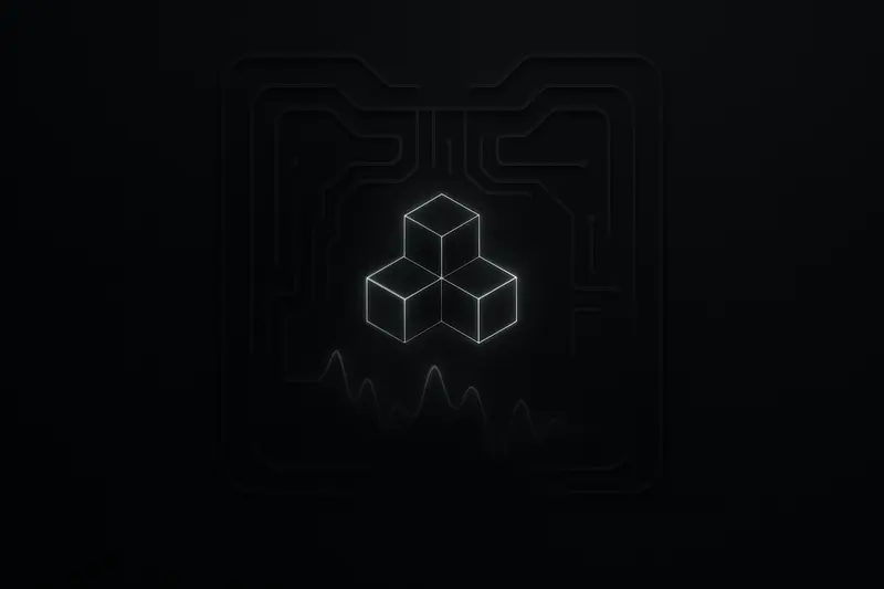 Dark futuristic circuit-board grid with a central glowing node fading and downward waveform pulses across a black background.