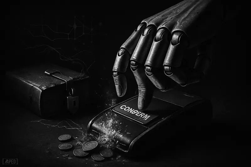 A robotic hand rapidly signs payments as coins and paper burn away, with a locked ledger and dark network grid behind.