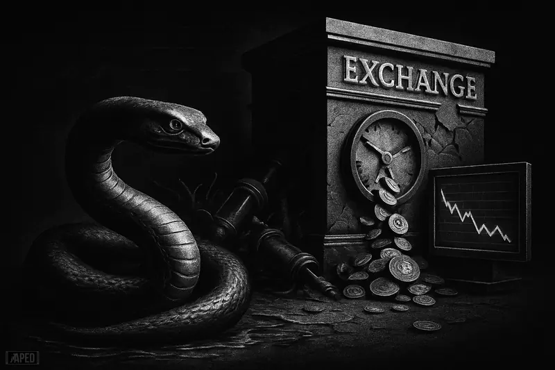 A metallic ripple-like creature beside broken trading machinery in a dark data-grid environment, symbolizing XRP leverage collapsing and speculation cooling.