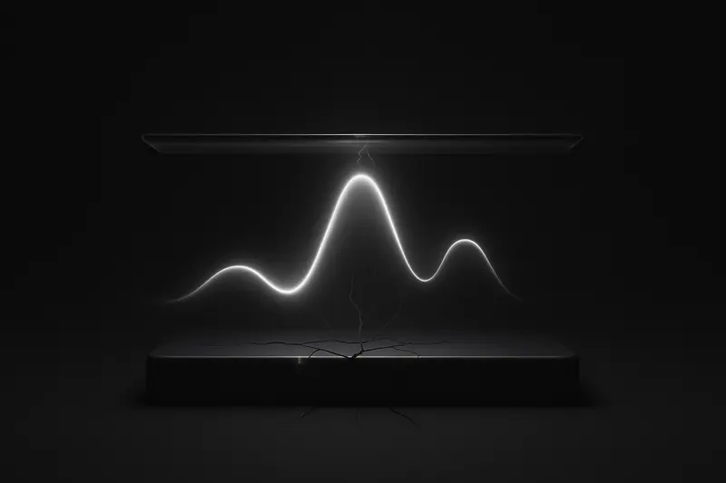Neon-blue energy wave presses against a transparent glass barrier above a dim, fractured ledge on a black background.