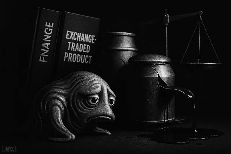A grayscale ripple-like creature sinks beside leaking fund containers and finance props in a dark, data-grid setting, evoking XRP investment outflows.