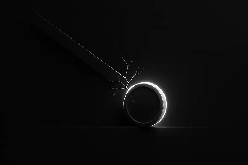A dark background with a faint coin-like halo pushing through a jagged descending line, shards and neon sparks drifting outward.