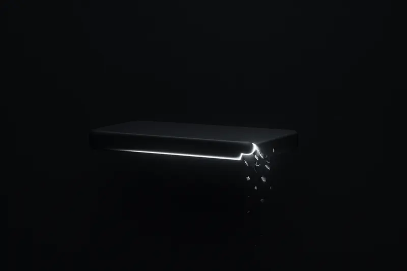 Neon price line hovering above a cracked glowing ledge, fading buy-wall blocks dissolving into a deep black void.