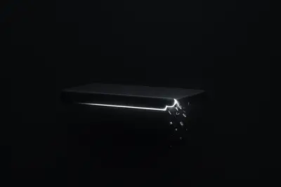Neon price line hovering above a cracked glowing ledge, fading buy-wall blocks dissolving into a deep black void.
